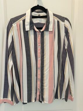 Roxy Striped Button-Down Shirt in Pink, Gray, White & Tan. Good condition.